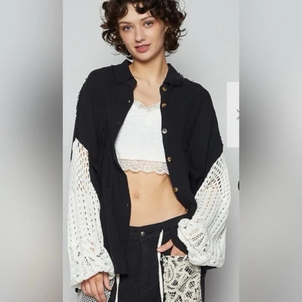 POL Cotton Gauze Crochet Sleeve Oversized Button Front Top Shirt Loungewear